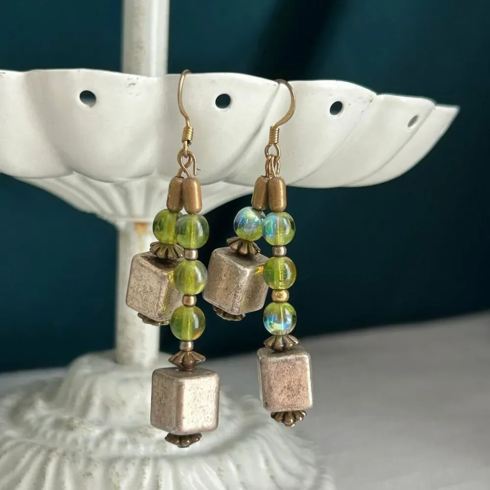 Handmade Vintage Repurposed Gold and Green Dangle Earrings